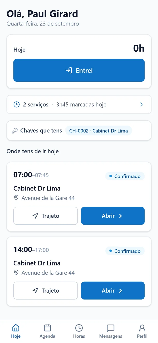 The employee’s day, in Portuguese: “Olá, Paul Girard”.