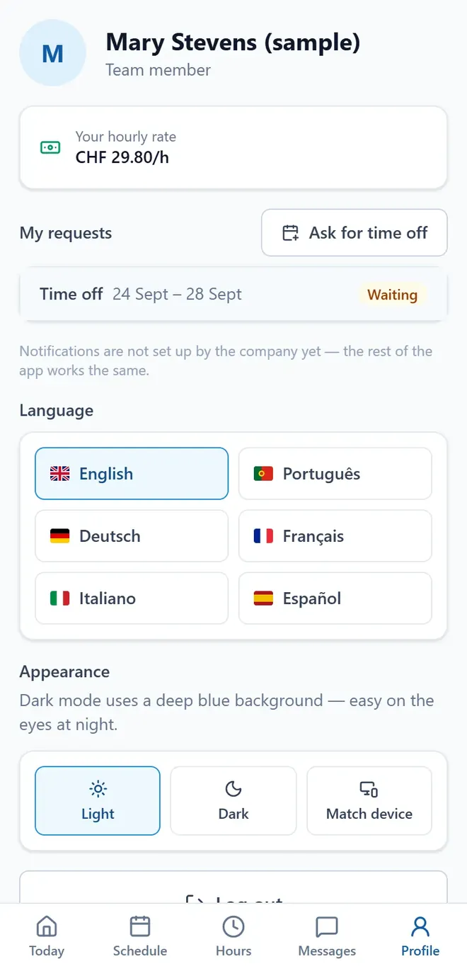 The profile screen, with English chosen as the language.