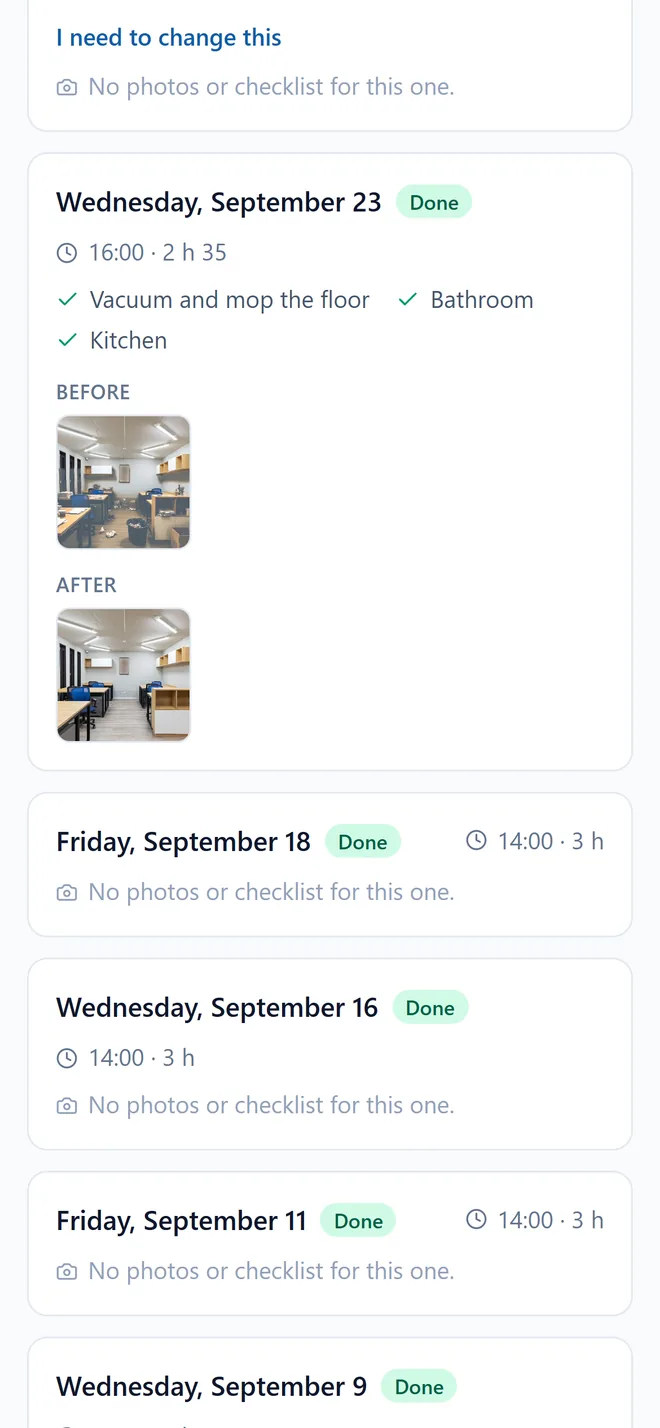The customer’s page: the date, the tasks done and the before and after photos.