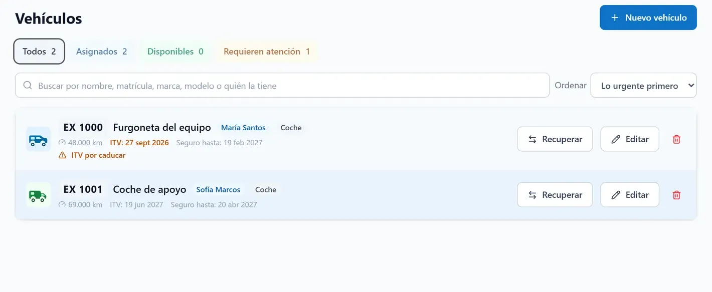 La pantalla Vehículos: quién tiene cada vehículo, la fecha de la inspección y del seguro.