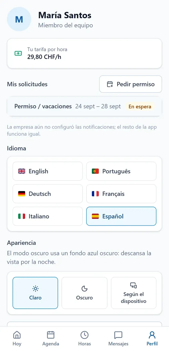 El perfil en la app, con el español elegido como idioma.