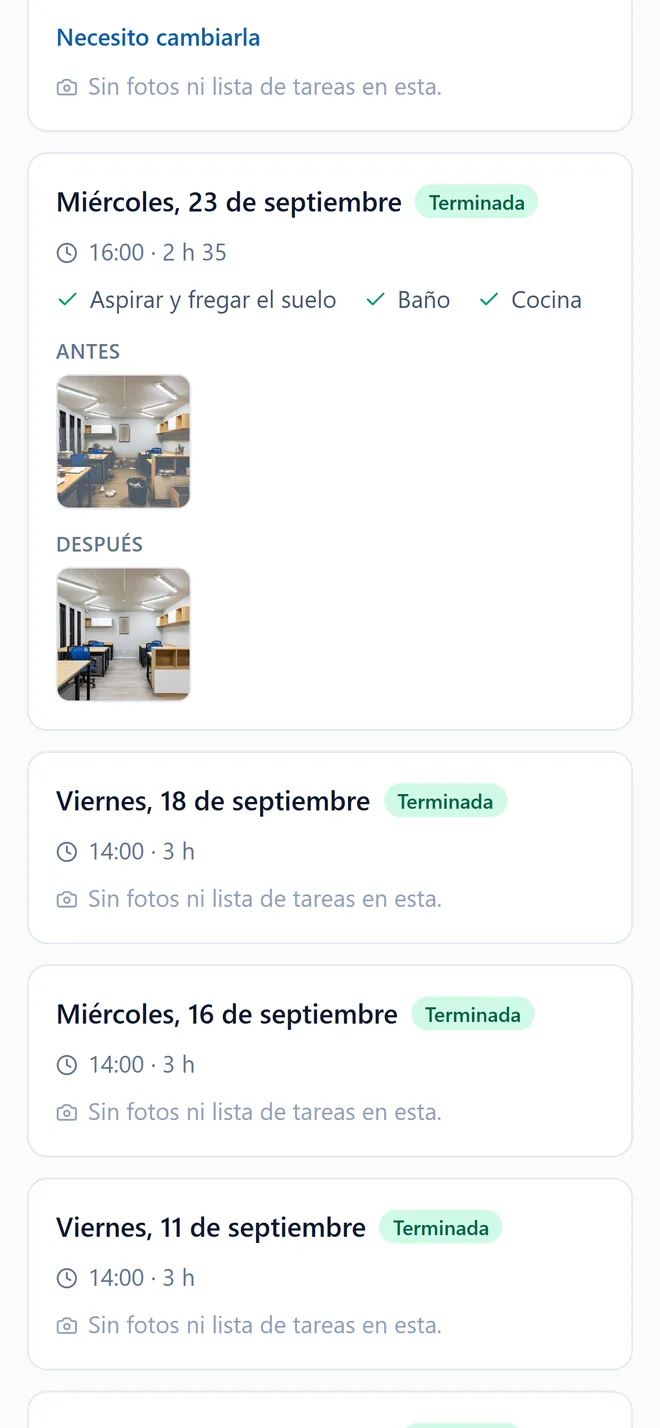 La página del cliente: la fecha, las tareas hechas y las fotos de antes y después.