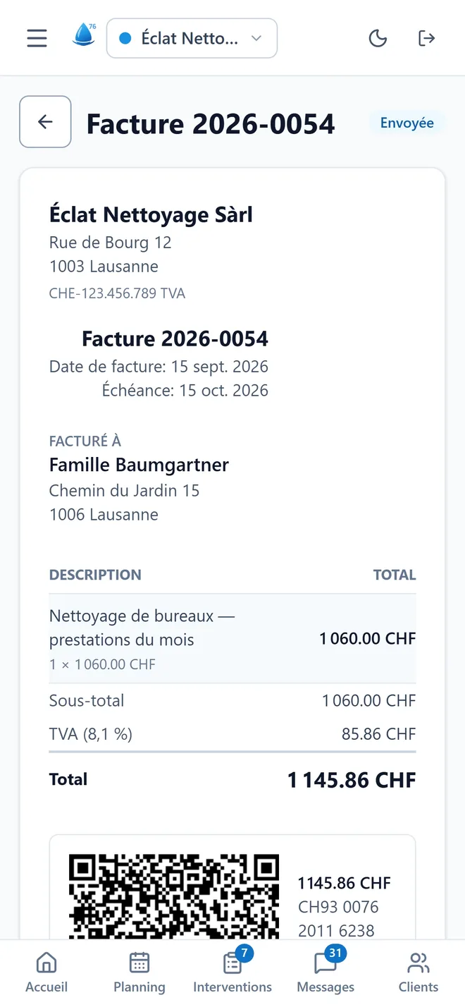 Une facture dans l’app, avec la TVA à 8,1 % et le QR suisse.