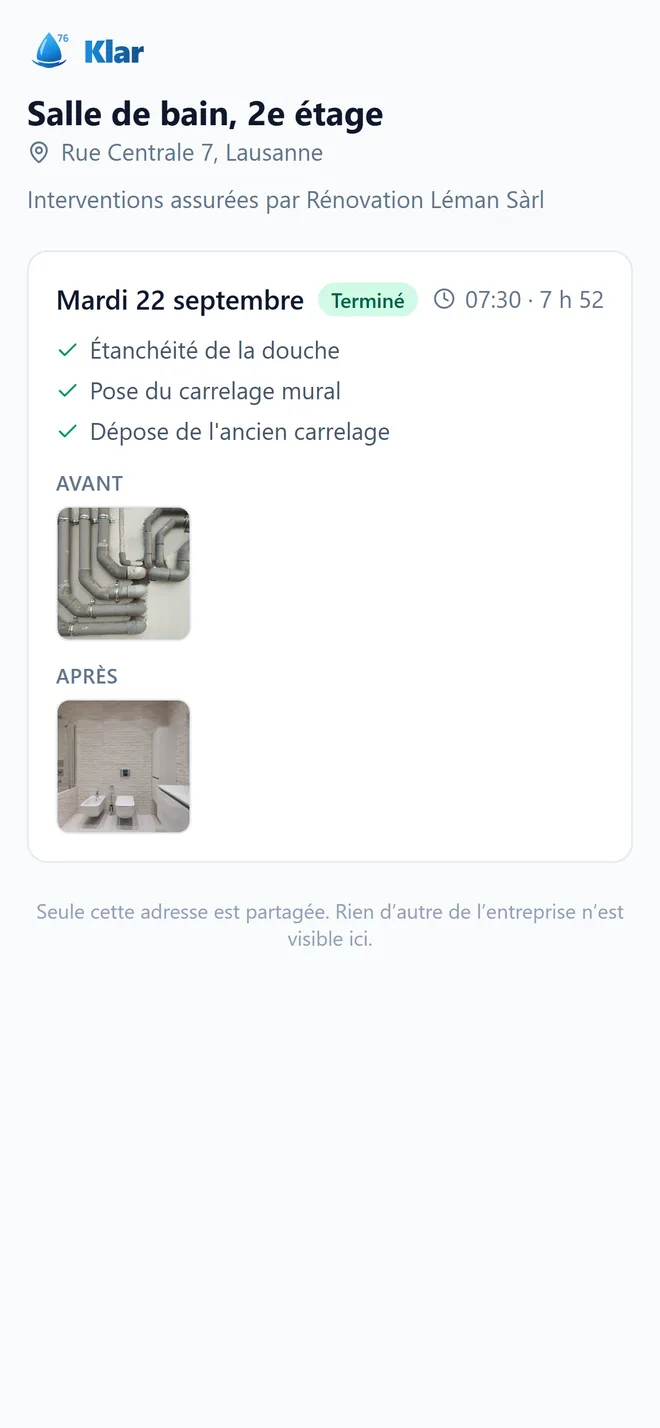 La page du client : la date, les tâches faites et les photos avant et après.