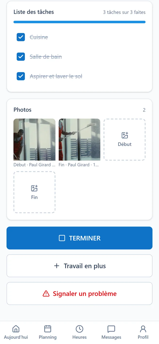 Le téléphone de l’employé : les tâches cochées, les photos de début et de fin, le bouton TERMINER.