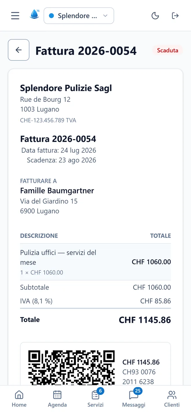 Una fattura nell’app, con l’IVA all’8,1% e il QR svizzero.