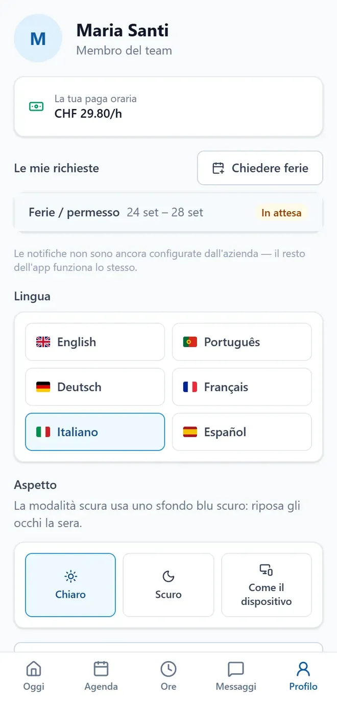 Il profilo nell’app, con l’italiano scelto come lingua.