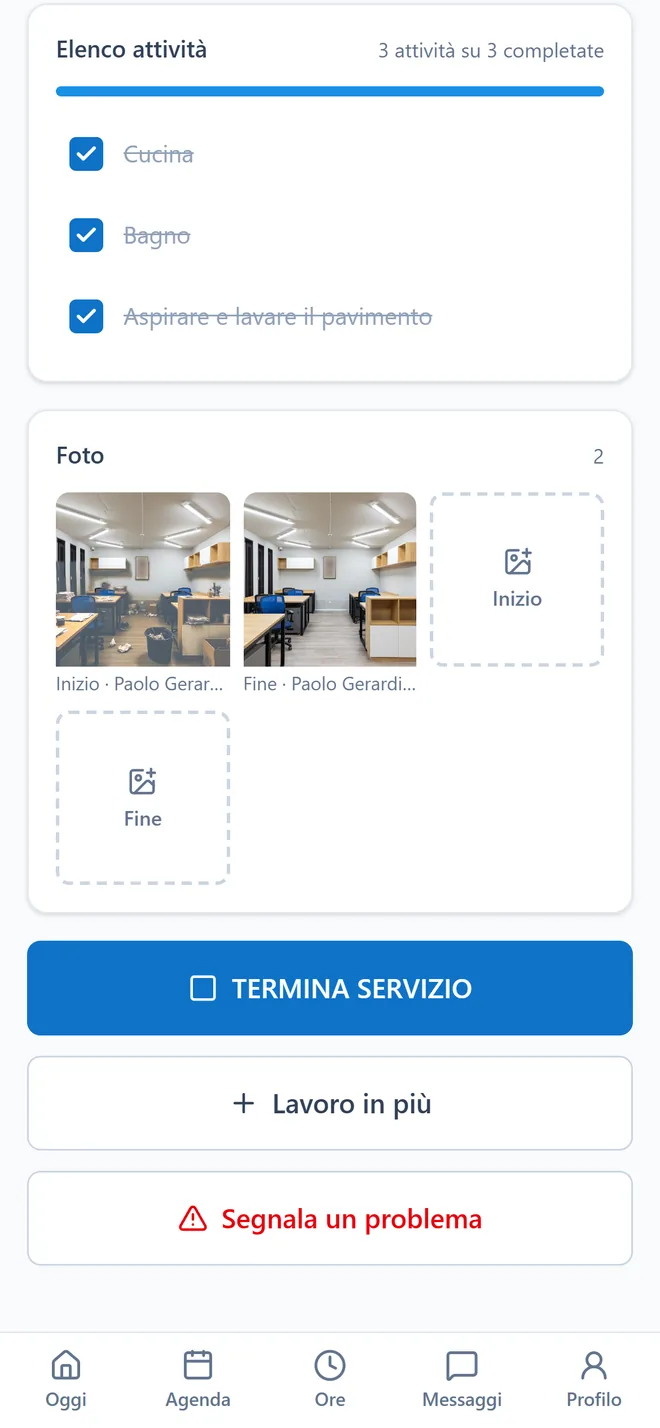 Il telefono del dipendente: i compiti spuntati, le foto di inizio e di fine, il pulsante per terminare.