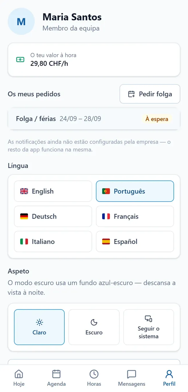 O perfil na app, com o português escolhido como língua.