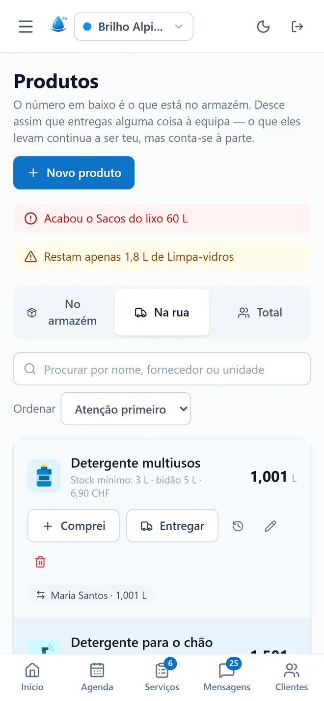 O ecrã Produtos: o stock no armazém e no terreno, com os avisos de mínimo.